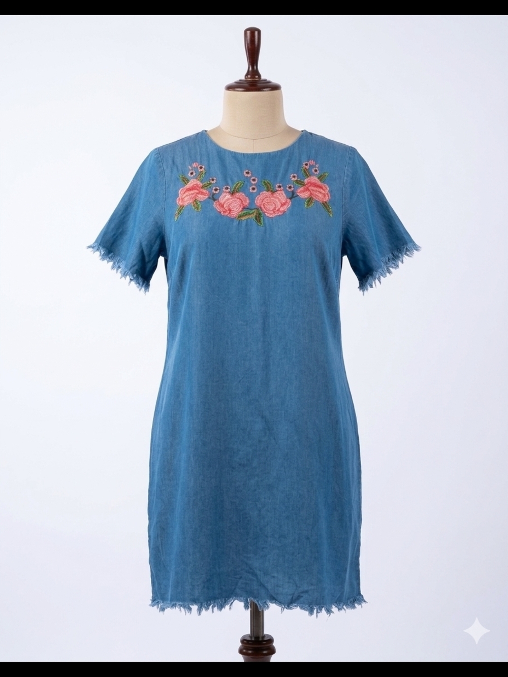 Allison Andrews Boho Embroidered Chambray Tencel Shift Dress Blue L